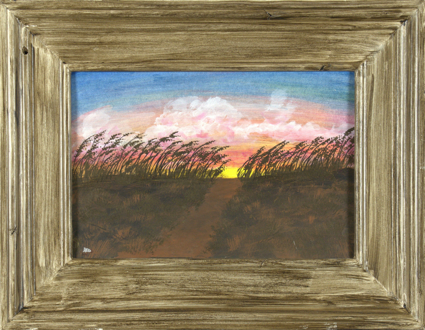 Sunset Sea Oats - 14.5”x9.5” Original Acrylic Painting on Foam Board in 21.25”x16.5” Custom Wooden Frame