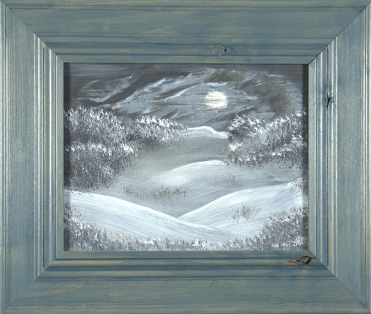 Moonlight Snow - 14”x11” Original Acrylic Painting on Poster Board in 20.25”x17.25” Custom Wooden Frame