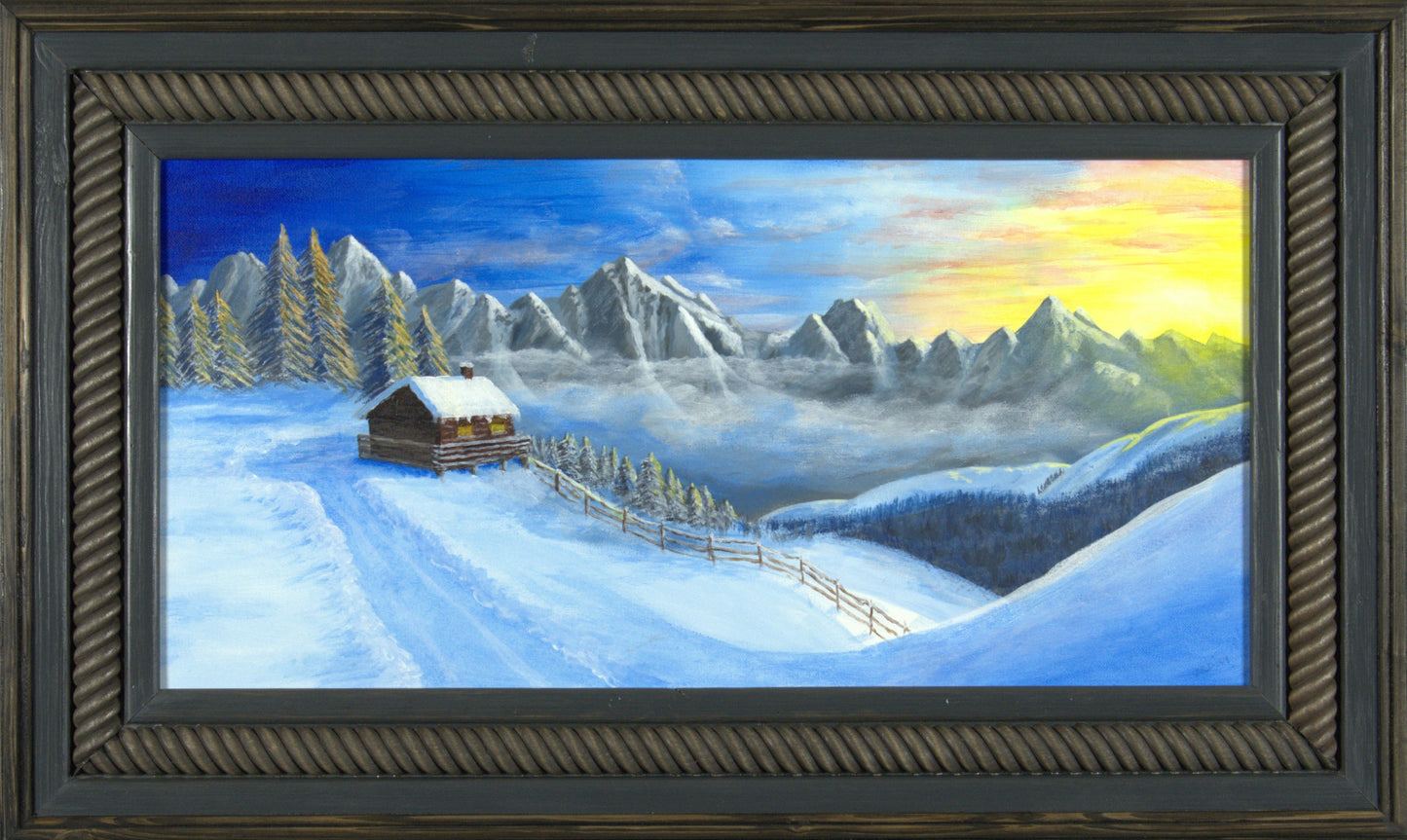 Sunset Mountain Cabin - 24"x12” Original Acrylic Painting on Stretched Canvas in 30.25”x18.25” Custom Wooden Frame