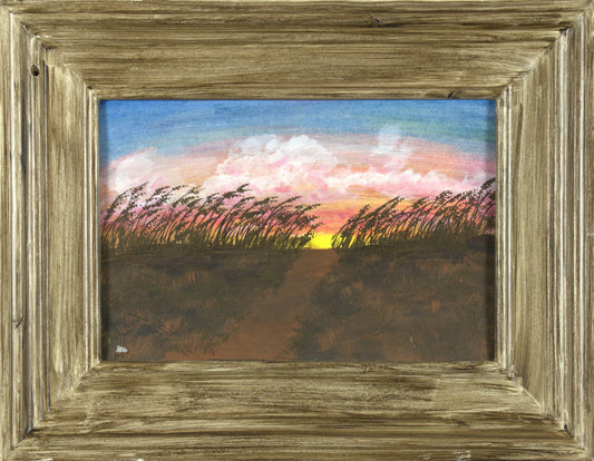 Sunset Sea Oats - 14.5”x9.5” Original Acrylic Painting on Foam Board in 21.25”x16.5” Custom Wooden Frame