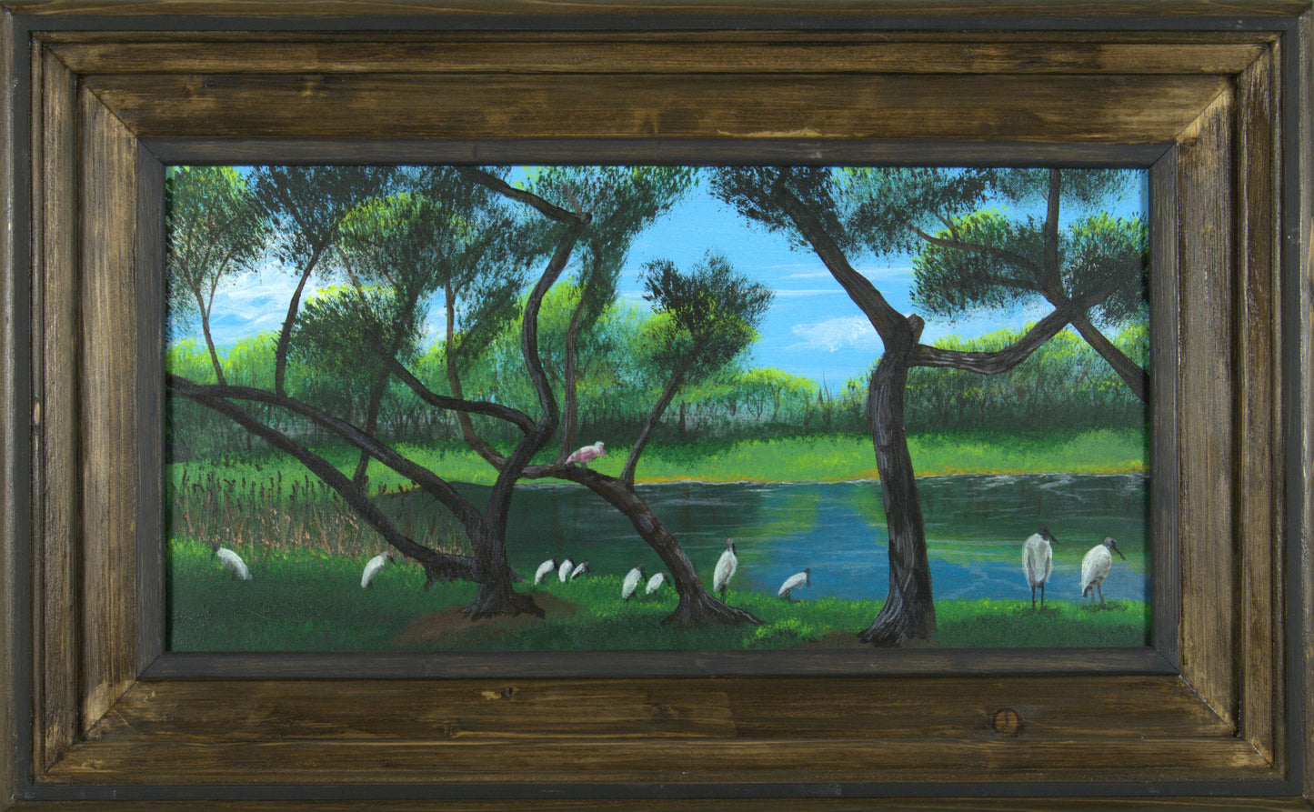 Wood Stork Pond - 24"x12” Original Acrylic Painting on Stretched Canvas in 31.75”x19.5” Custom Wooden Frame