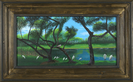 Wood Stork Pond - 24"x12” Original Acrylic Painting on Stretched Canvas in 31.75”x19.5” Custom Wooden Frame